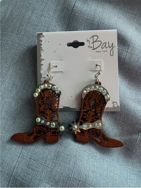 Brown Wooden Cowboy Boot Earrings with Rhinestones